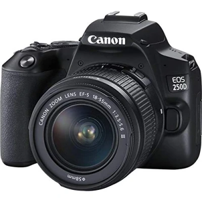 Abbildung von Canon EOS 250D Digitalkamera mit Objektiv EF S 18 55mm F4 5.6 IS STM (24, 1 Megapixel, 7, 7 cm (3 Zoll) Vari Angle Display, APS C Sensor, 4K, Full HD, DIGIC 8, WLAN, Bluetooth), schwarz