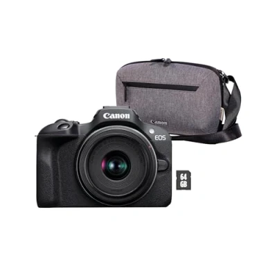 Abbildung von Bundle Canon EOS R100 Systemkamera Schwarz + RF S 18 45 mm f/4.5 6.3 IS STM Kameratasche 64 GB SD Karte