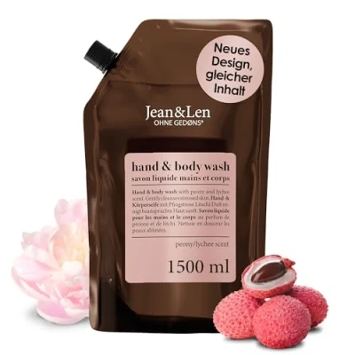 Abbildung von Jean &amp; Len Hand Body Wash Pfingstrose Litschi, reinigt und pflegt die Haut beim Waschen, blumig zarter Duft, Flüssigseife im Nachfüllpack, ohne Parabene, Silikone Mikroplastik, vegan, 1,5L