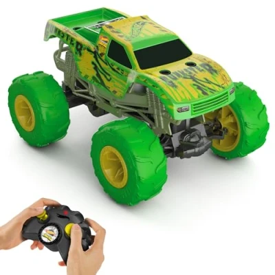 Abbildung von Hot Wheels Monster Trucks Gunkster RC Truck im Maßstab 1:15, leuchtet Dunkeln, Action Geländereifen mit Off Road Funktion, HTP15