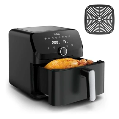 Abbildung von Tefal Easy Fry Mega Heißluftfritteuse, 7,5 Liter Fassungsvermögen, bis zu 8 Personen, 99% weniger Fett, automatische Gareinstellungen, digitales Display, spülmaschinengeeignet, Schwarz, EY8558E0