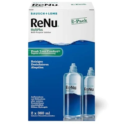 Abbildung von Bausch + Lomb ReNu MultiPlus Kombilösung mit Proteinentferner Kontaktlinsenreiniger, Aufbewahrungslösung, weiche Linsen, Doppelpack 2 x 360 ml