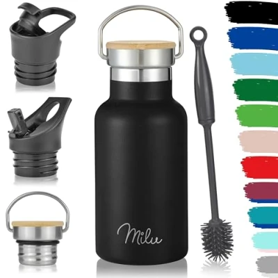 Abbildung von Milu Edelstahl Trinkflasche 350ml 500ml 750ml 1000ml (+3 Deckel) Thermosflasche mit Strohhalm Isolierte Wasserflasche für Kinder, Erwachsene, unterwegs, auslaufsicher (Schwarz, 350ml)