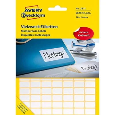Abbildung von Avery Zweckform 3311 Haushaltsetiketten selbstklebend (16x9mm, 2.646 Aufkleber auf 27 Bogen, Vielzweck Etiketten für Haushalt, Schule und Büro zum Beschriften Kennzeichnen) blanko, weiß