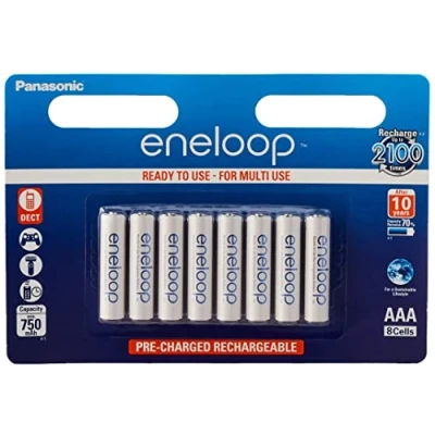 Abbildung von eneloop, AAA/Micro NI MH Akku, 8er Pack, Kapazität mit min. 800 mAh, Ready to Use Akkus, bis zu 2000 Mal wiederaufladbar, plastikfreier Verpackung, Standard, weiß
