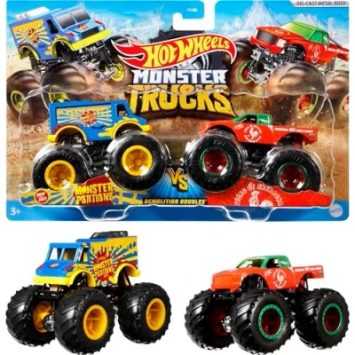 Abbildung von Hot Wheels Monster Trucks Demolition Doubles , 2er Pack mit verschiedenen Modellen, ink. detaillierte Statistiken zur Stärke, riesige Räder und abgefahrene Details, Design kann variieren, FYJ64