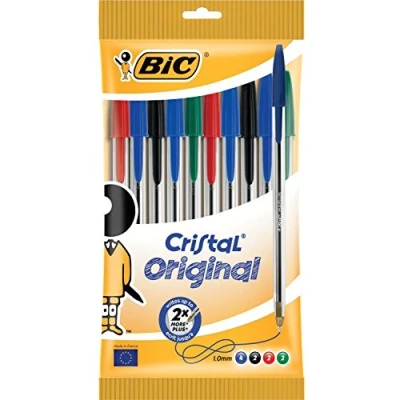 Abbildung von BIC 830865 Cristal Original, 10er Kugelschreiber Set, Kulis mit blauer, schwarzer, roter und grüner Farbmine