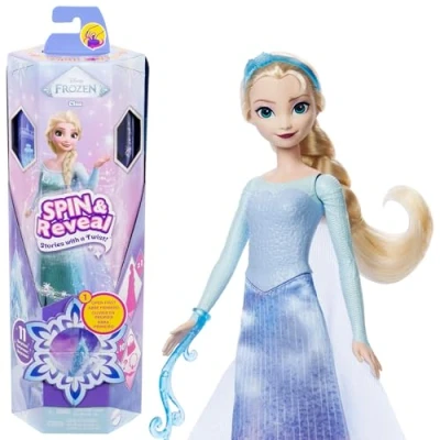 Abbildung von Mattel Disney Die Eiskönigin Elsa Modepuppen Set, Spin &amp; Reveal mit 11 Überraschungen, darunter 5 Accessoires, Sticker und eine Szene zum Spielen, vom Film inspiriert, JBG59
