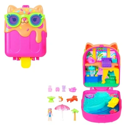 Abbildung von Polly Pocket Puppe und Spielset, Eiskätzchen Schatulle, Reisespielzeug mit 1 Minipuppe, Hündchen passendem Zubehör, JCB17