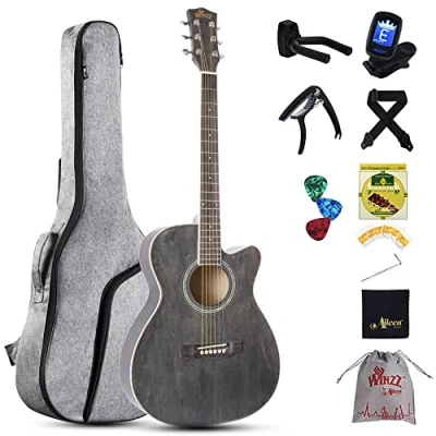 Abbildung von Winzz Gitarre Kinder 3/4, Akustik Anfänger Set, Western Erwachsene Kleiner Körper 36 Zoll, Reisegitarre Schwarz Grau mit Stahlsaiten