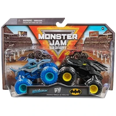 Abbildung von Monster Jam Original Zweier Pack mit dem Batmobil vs. Megalodon authentischen Trucks im Maßstab 1:64