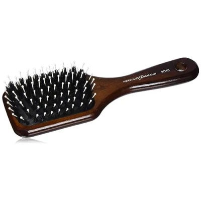 Abbildung von HERCULES SÄGEMANN Paddle Brush, 8 reihig Haarpflegebürste aus Holz zum Entwirren, mit Wildschweinborsten und Polyamidstiften kleinen Kugelköpfen für gesundes Haar Farbe: Dunkles