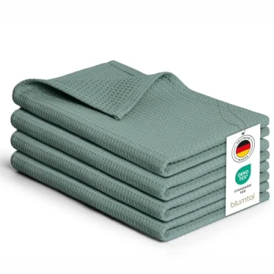 Abbildung von Blumtal® Geschirrtücher 50x70 cm im 4er Set Baumwolle 100% Küchentücher bei 60 C waschbar Waffeltuch Spül &amp; Putzlappen Geschirrhandtuch in grün