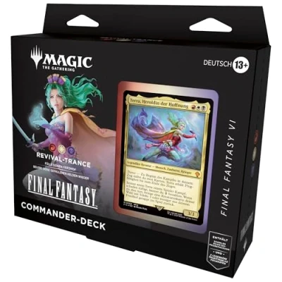 Abbildung von Magic: The Gathering FINAL FANTASY VI Commander Deck Revival Trance (Deck mit 100 Foilkarten, Sammler Booster Probepackung 2 Karten + Zubehör) (Deutsche Version)