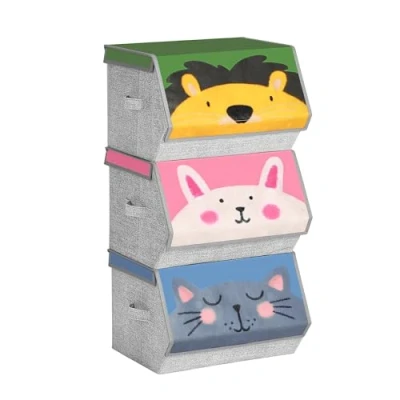 Abbildung von SONGMICS Aufbewahrungsboxen, 3er Set, Faltboxen, Stoffboxen mit Griffen, Organizer, magnetischer Deckel, für Kinderzimmer, Spielzimmer, Tier Motive, rosa, blau, grün und grau RFB760P01