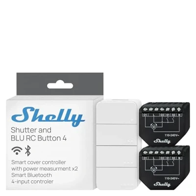 Abbildung von Shelly Shutter (2 Stück) &amp; BLU RC Button 4 (Bundle) WLAN betriebener Smart Relaisschalter, 2 Kanäle, 4A, Leistungsmessung, Rolladenschalter, Hausautomation, Kein Hub Erforderlich, Alexa Google