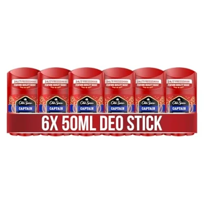 Abbildung von Old Spice Captain Deo Stick für Männer, 6x50ml, 48H Frische, langanhaltender Duft in Parfümqualität, 0% Aluminiumsalze, keine Flecken auf Schwarz &amp; Weiss, hergestellt aus 50% recyceltem Plastik