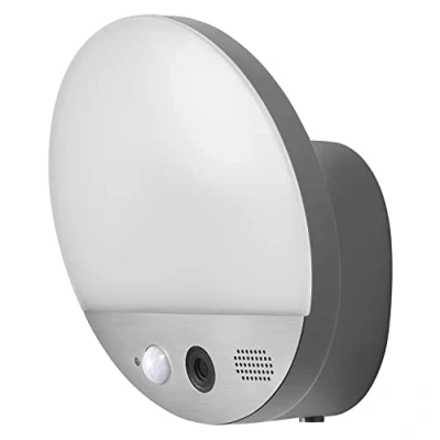 Abbildung von LEDVANCE SMART+ WIFI WALL ROUND CAMERA 10,5cm Außenlampe mit Bewegungsmelder, Tageslichtsensor und HD Kamera, Fernsprecheinrichtung Alarm Funktion, 15 W, 3000 K, 950 Lumen, IP 44