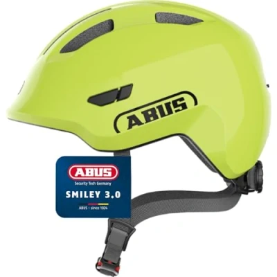 Abbildung von ABUS Kinderhelm Smiley 3.0 Fahrradhelm mit tiefer Passform, kindergerechten Designs &amp; Platz für einen Zopf Mädchen und Jungs Gelb Glänzend, Größe M