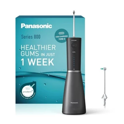 Abbildung von Panasonic Series 800 Ultraschall Munddusche EW DJ86 K503, für Zähne, 200 ml, 1 &amp; kieferorthopädische Düse, 5 Wasserdruckstufen, Reisezubehör, USB C Ladung, Schwarz