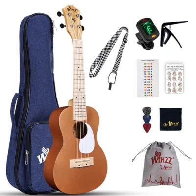 Abbildung von Winzz Ukulele Erwachsene Anfänger Set, Konzert 23 Zoll, Kinder Einsteiger Kit mit 9 Zubehör (Farbe: Braun, Holz)