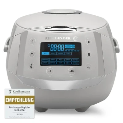 Abbildung von REISHUNGER Digitaler Reiskocher &amp; Dampfgarer Grau 1,5 L bis 8 Personen Warmhaltefunktion, Timer Premium Innentopf Multikocher, 12 Programme, 7 Phasen Technologie