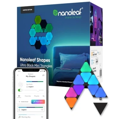 Abbildung von Nanoleaf Shapes Ultra Black Mini Triangle Erweiterungspack, 10 zusätzliche Dreieckigen LED Panels Smarte Modulare RGBW WLAN 16 Mio. Farben Wandleuchte Innen, Musik Sync, Funktioniert mit Alexa