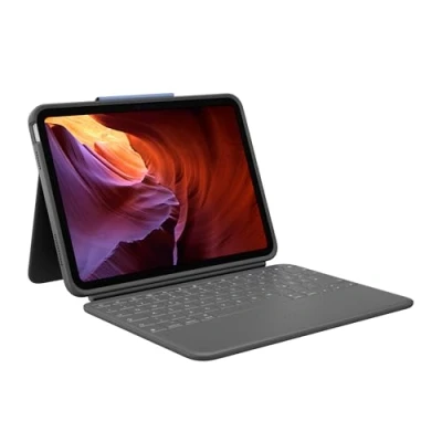 Abbildung von Logitech Rugged Folio für iPad (10. Generation) Schutzcase mit Smart Connector und strapazierfähiger, spritzwassergeschützter Tastatur, German Layout Grau