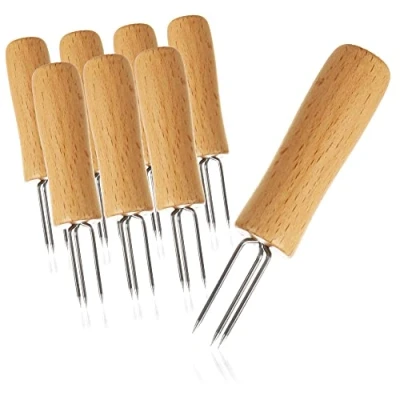 Abbildung von com four® 8x Mais Gabel mit 3 Edelstahl Zinken, rostfrei wiederverwendbare Maisspieße Schälhilfe für Pellkartoffeln (08 Stück Holz)