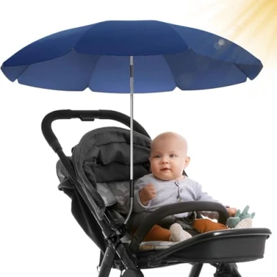 Abbildung von STYNGARD Sonnenschirm Kinderwagen UV Schutz 50+ / 70 cm Durchmesser mit Überhang Sonnenschutz Buggy flexibler Universalhalterung Modell ROME