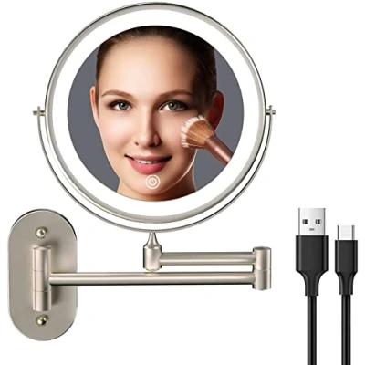 Abbildung von USB Wiederaufladbarer Schminkspiegel mit Licht, Doppelseitiger 1X/10X Vergrößerung, Badezimmer Schminkspiegel, 3 Farben, Touchscreen, dimmbar, erweiterter Arm