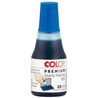 Abbildung von COLOP Premium Stempel Farbe 801 blau, auf Wasserbasis, dermatologisch getestet, 25 ml Fläschchen