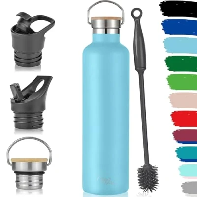 Abbildung von Milu Edelstahl Trinkflasche 350ml 500ml 750ml 1000ml (+3 Deckel) Thermosflasche mit Strohhalm, Isolierte Wasserflasche, Auslaufsichere Isolierflasche doppelwandig (Himmelblau, 1000ml)
