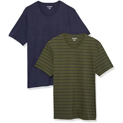 Abbildung von Amazon Essentials Herren Kurzärmelige T Shirts mit V Ausschnitt, 2er Pack, Marineblau/Olivgrün/Streifen, M