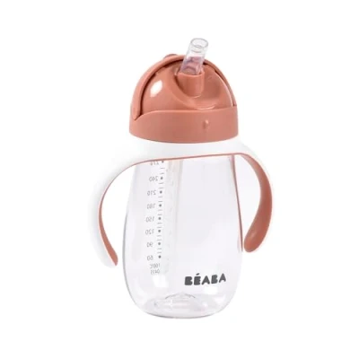 Abbildung von BÉABA Trinklernbecher 2 in 1 Babyflasche Kindertasse mit Strohhalm 100% dicht Leicht zu öffnen Abnehmbare Griffe Tritan und Silikon 300 ml Terracotta