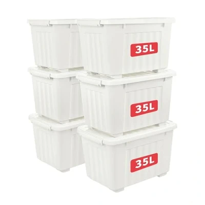 Abbildung von Cetomo 35L*6 Aufbewahrungsboxen mit Deckeln, Kunststoff Aufbewahrungsbox Rollen und Clips, Kunststoffbox für Zuhause Büro, BPA frei, Nestbar, Stapelbar, Weiß, 35L 6er Pack