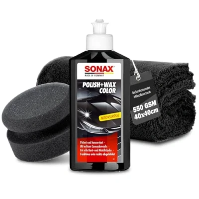 Abbildung von Auto Politur Set Sonax Polish &amp; Wax Color Schwarz 250ml Autopolitur + Polierschwamm Poliertuch Polierpaste für Bunt und Metalliclacke zur Entfernung kleiner Kratzer Polierset