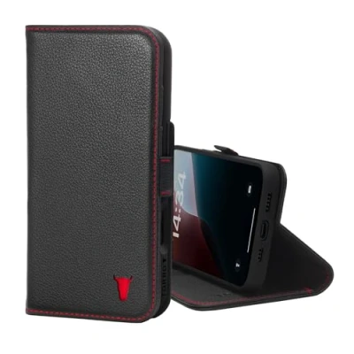 Abbildung von TORRO Hülle kompatibel mit iPhone 16 Pro Echt Leder Standfunktion und Kartenfächern (kompatibel Offiziellen MagSafe Ladegeräten) Schwarz