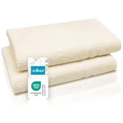 Abbildung von ZOLLNER 2er Set Saunatücher in 70x180 cm Flauschige Handtücher aus Baumwolle mit moderner Streifenbordüre bis 60C waschbar praktischem Aufhänger beige Hotelqualität