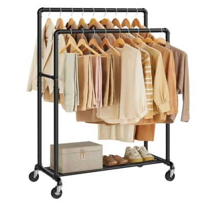 Abbildung von SONGMICS Kleiderständer, Kleiderstange, Garderobenständer mit 2 Kleiderstangen und Ablage, Rollen, bis 110 kg belastbar, Industrie Design, für Schlafzimmer, Ankleidezimmer, schwarz HSR60B