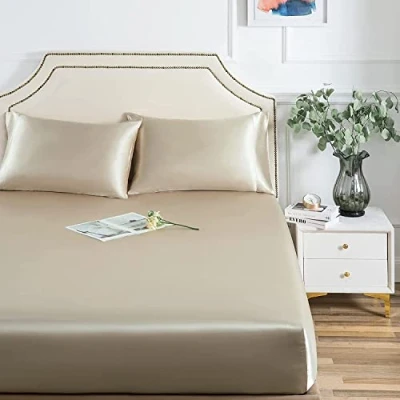Abbildung von Damier Satin Spannbettlaken 200x200cm Beige Seide Glänzend Spannbetttuch Hochwertiges Deluxe Bettlaken, geeignet für Matratzen bis 25cm