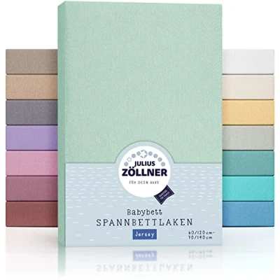 Abbildung von Julius Zöllner Jersey Spannbettlaken für Baby &amp; Kinderbett, 100% Baumwolle, OEKO TEX Standard 100 zertifiziert, Größe: 60x120cm / 70x140cm, 1er Pack, salbei