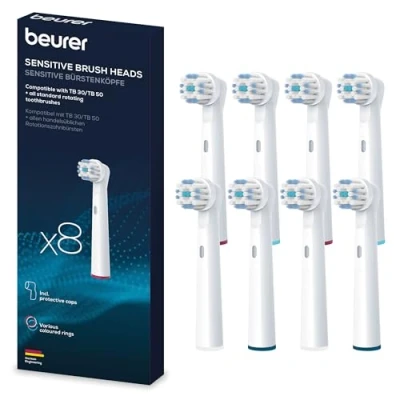 Abbildung von Beurer TB 30/50 Aufsteckbürsten für elektrische Zahnbürste, Oral B kompatible Bürstenköpfe, Sensitive, 8 Stück, weiße Ersatzbürsten
