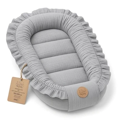 Abbildung von Babynest babynestchen neugeborene mit tragegriff 90 x 50 cm baby nestchen tragbar nest für bett kinder kuschelnest coccon Jungen und Mädchen Grau Musselin B