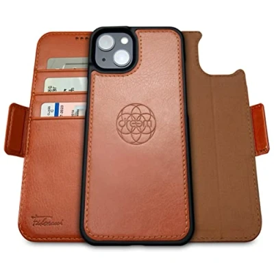 Abbildung von Dreem Fibonacci kompatibel mit iPhone 14 Brieftaschen Etui / 2 in 1 stoßfestes und abnehmbares Folio aus veganem Leder, MagSafe kompatibel, RFID Schutz [Karamell]