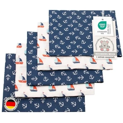 Abbildung von ZOLLNER 5er Set Musselin Spucktücher in 80x80 cm aus Baumwolle weiche und hautfreundliche Mulltücher weiß blau mit Geschenkbox waschbar bis 60C Oeko Tex® Zertifiziert