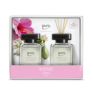 Abbildung von ipuro Essentials Raumduft FLOWER BOWL 2x50ml Raumerfrischer mit Blumenduft, Mandarine, Bergamotte, Jasmin, Veilchen &amp; Zedernholz Duft Aroma Diffuser Stäbchen Lufterfrischer für die Wohnung