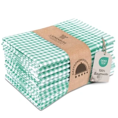 Abbildung von LAYNENBURG 10er Set Premium Geschirrtücher kariert 100% Baumwolle 45x65 cm &amp; Aufhänger Oeko TEX Standard 100 Küchentücher fusselfrei modern Vintage Küchenhandtücher (Grün)
