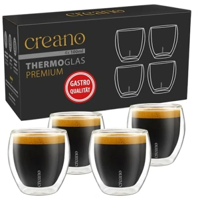Abbildung von Creano PREMIUM doppelwandige Espressogläser 100ml 4er Set Gastronomie Qualität 100% Spülmaschinenfest Thermoglas Doppelwandglas NEUHEIT 2024