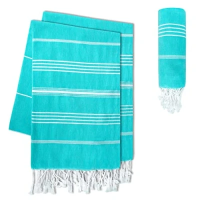 Abbildung von LAYNENBURG 2er Set Premium Hamamtuch mit handgeknüpften Fransen 100% Baumwolle XXL Strandtuch 100x200 cm Oeko TEX 100 Strandhandtuch groß Saunatuch &amp; Reisehandtuch (Aqua)